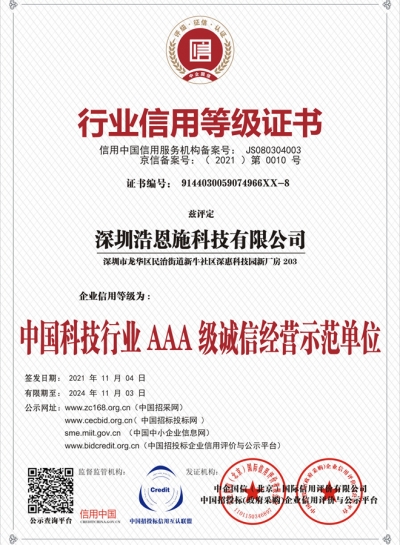 行业信用等级证书
